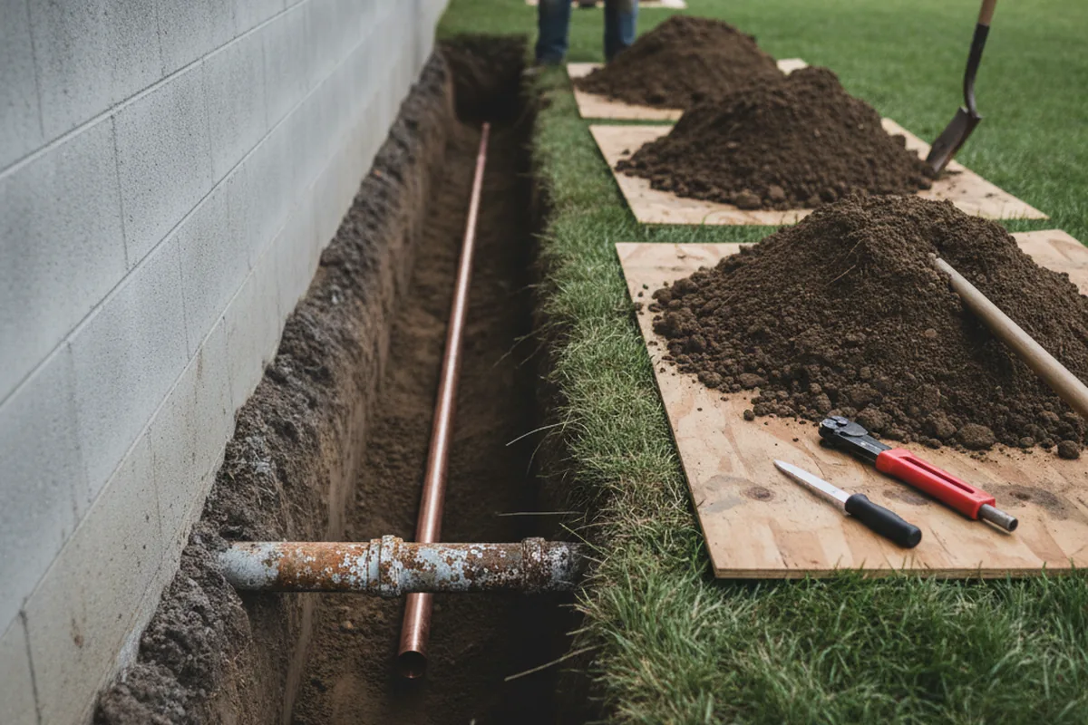 Excavated water line trench during Sewer Line Repair in West Haven